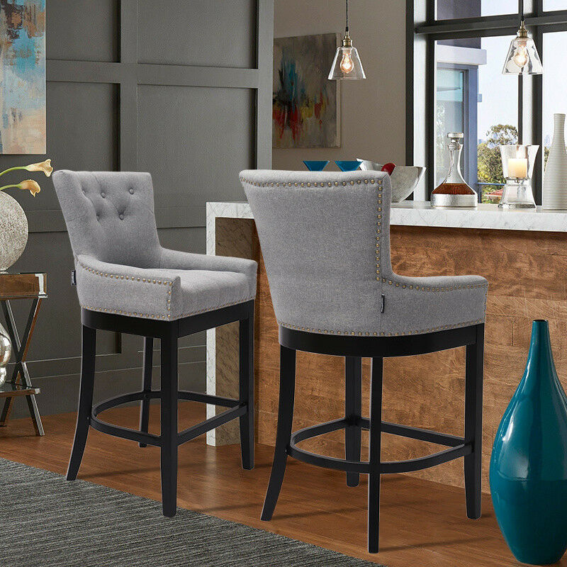 Grey Linen Fabric Breakfast Counter Chairs Bar Stools Wood Barstools Stool Chair