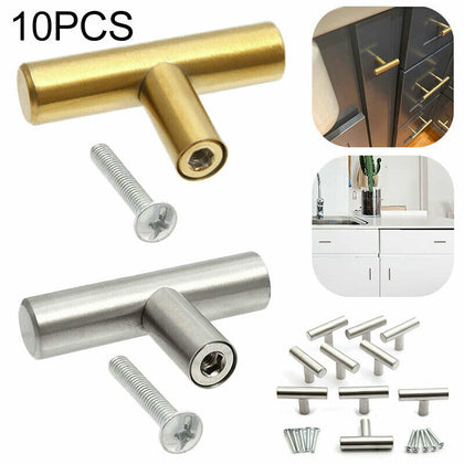 10Pcs Brushed Steel Home Kitchen Cabinet Cupboard Knob Drawer T Bar Pull Handles