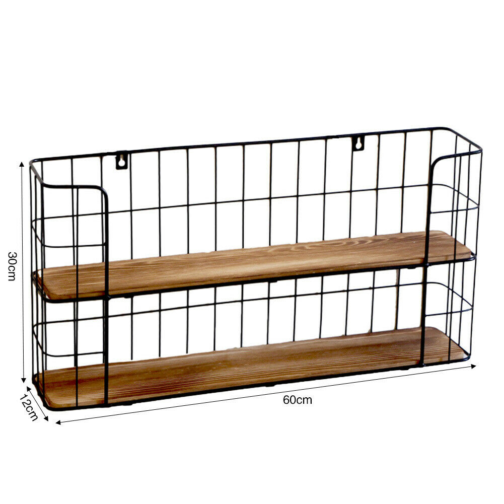 2 Tier Wall Mounted Metal Wire Wood Shelf Floating Shelves Kitchen Storage Rack
