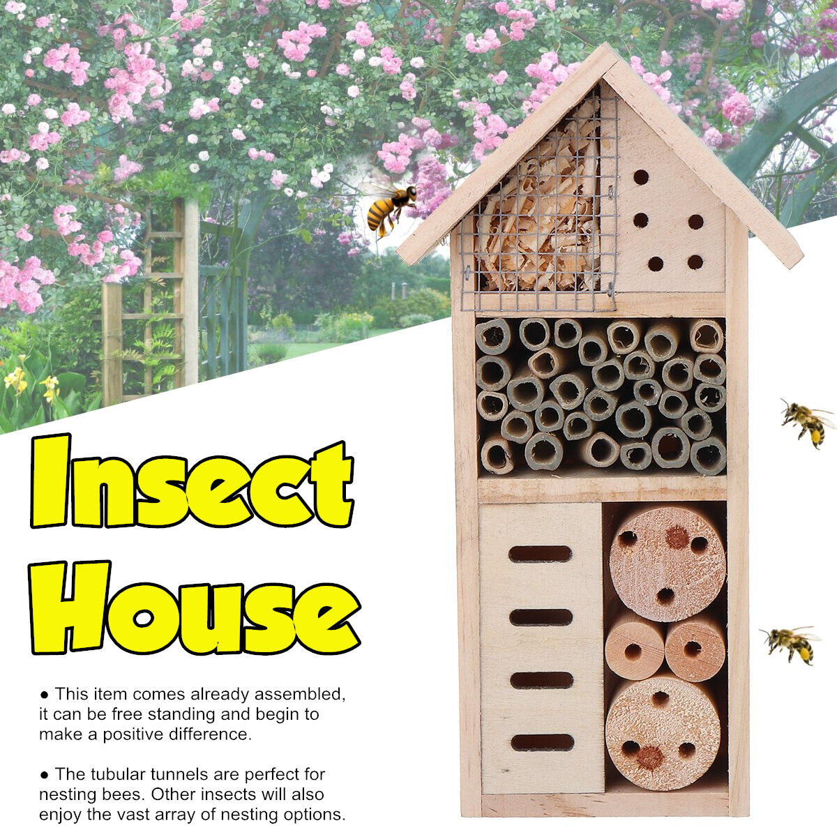 Wooden Insect Bee House Natural Wood Bug Hotel Shelter Garden Nest Box ...