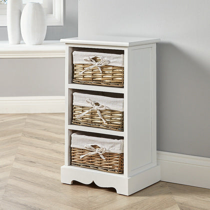 White Wooden 3 Drawer Chest Storage Unit Willow Wicker Baskets Organiser Bedside