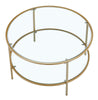 Round Glass Coffee Table with Golden Metal Legs & Shelf - Living Room Furniture