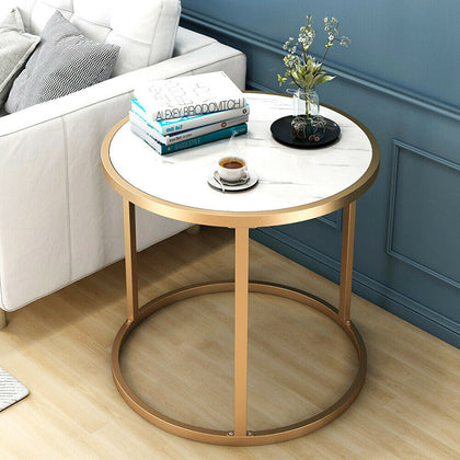 Round Coffee Table Sofa Side Table Marble Effect Top with Metal Leg Furniture