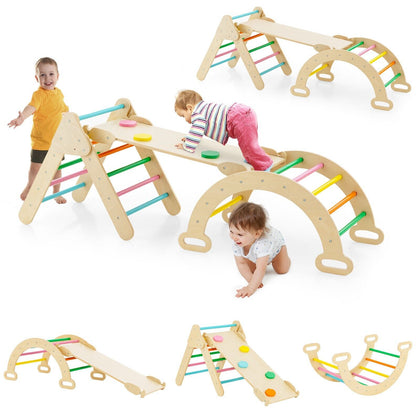 3-in-1 Triangle Climbing Set Wooden Toddler Climber with Reversible Ramp Arch