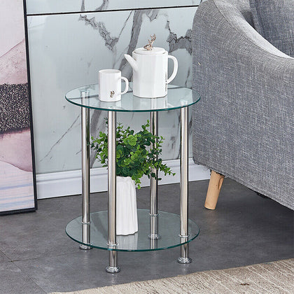 2 Tier Side Table End Table Corner Table Glass Top Chrome Legs Living Room Clear