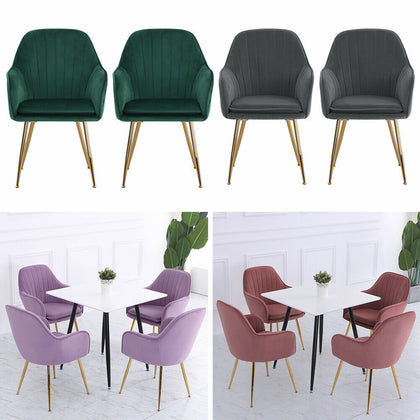 2 Velvet Leisure Dining Chairs Padded Bucket Seat Tub Armchair w/Gold Metal Legs