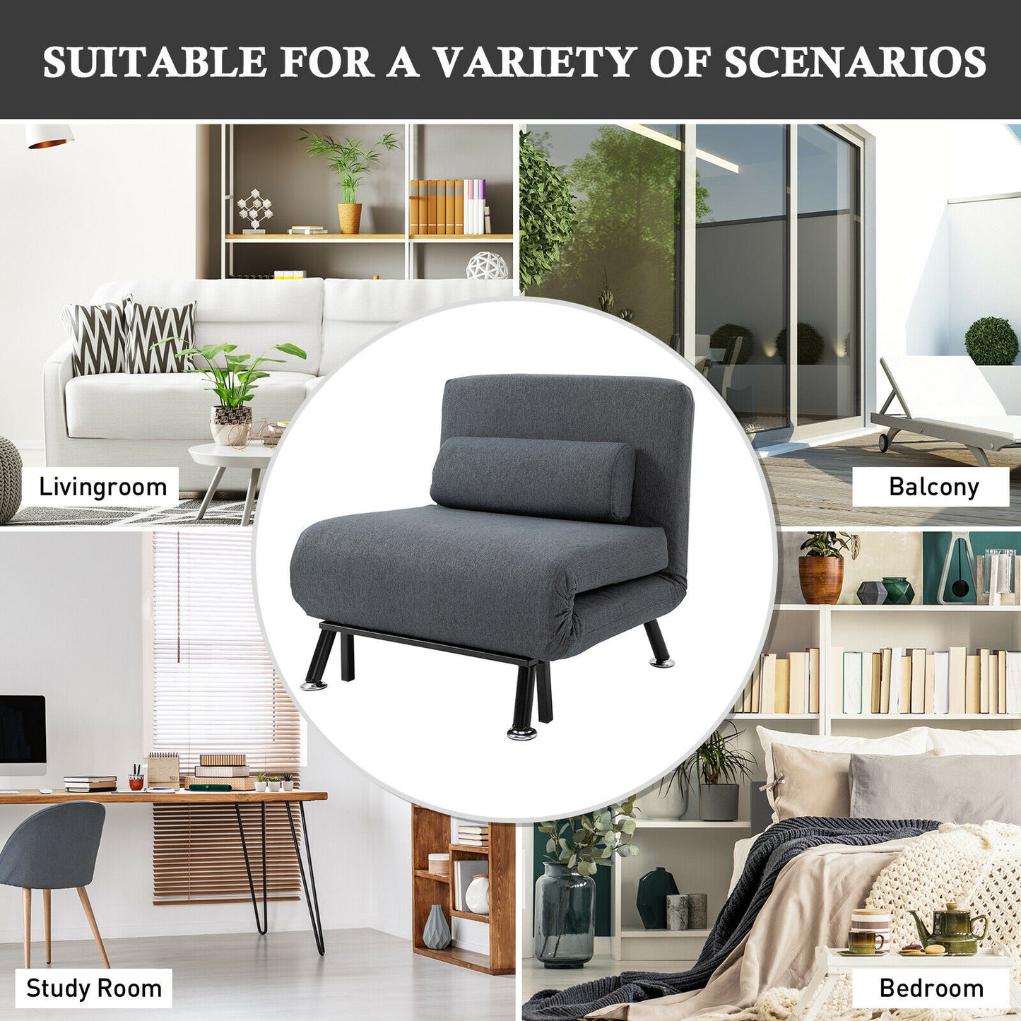 HOMCOM Folding 5 Position Steel Convertible Sleeper Bed Sofa Chair Lounge- Black