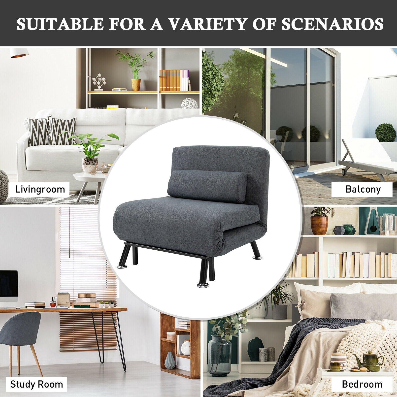 HOMCOM Folding 5 Position Steel Convertible Sleeper Bed Sofa Chair Lounge- Black