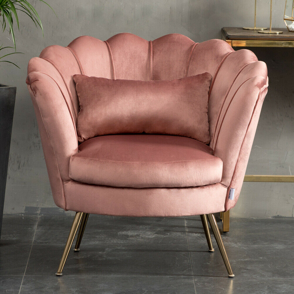 Blush Pink Velvet Upholstered Armchair Lotus Seat Scallop Shell