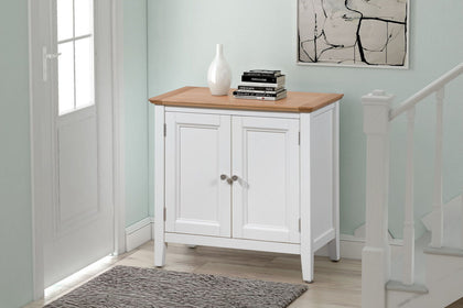 Small Oak Off White Painted Storage Cupboard | Wood Shoe Cabinet Bathroom Unit