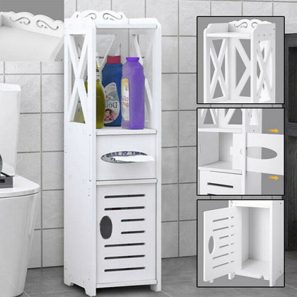 White Wooden Bathroom Storage Cabinet Shelf Slim Cupboard Unit Free Standing UK