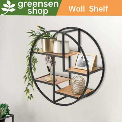 Wall Mounted Floating Shelves Metal Wood Storage Shelf Unit Display Rack Round