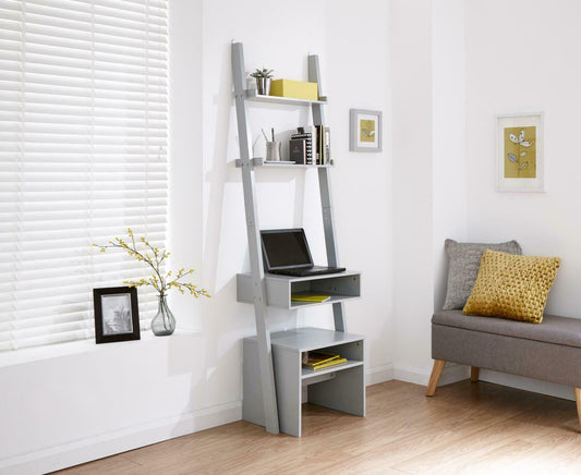 Grey Ladder Modern Style 3 Tier Computer Study Desk with Bookcase Shelves