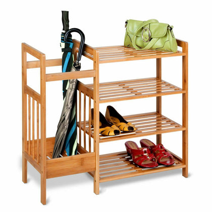 4-Tier Natural Bamboo Wooden Shoe Rack Storage Organizer & Umbrella Holder