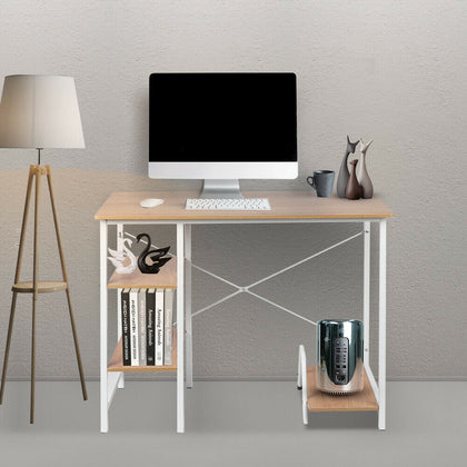 Office Compact Computer Desk Wooden & Metal Table With Bookcase Storage Shelf
