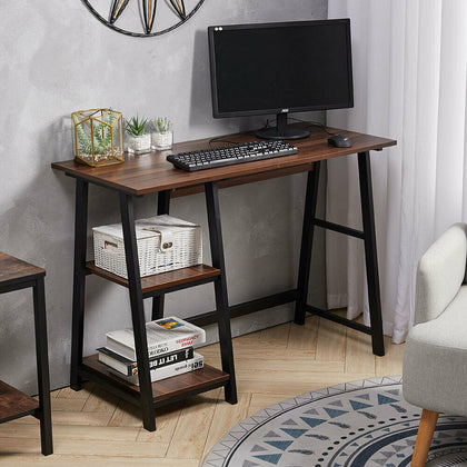 Vintage Brown Wood Home Office Computer Desk With Shelves Industrial Metal Style