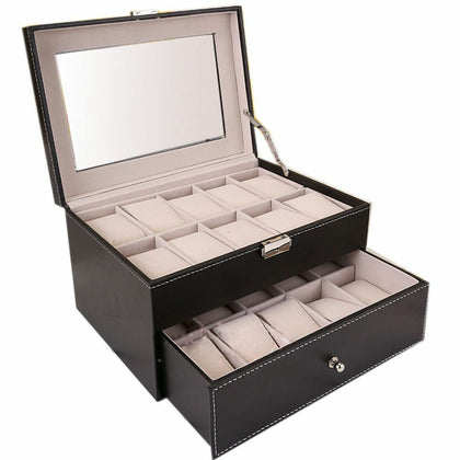 20 Watch Box Display Case Faux Leather Storage Jewellery Box Glass Top UK