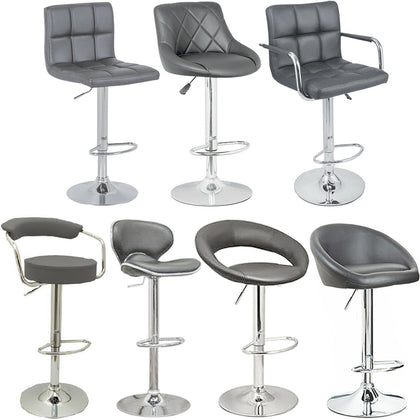 GREY PU Leather Breakfast Bar Stool Swivel Kitchen Chrome Metal Base Gas Lift