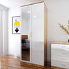 High Gloss 2 Door Wardrobe White&Oak Storage Hanging Rail Furniture with Mirror