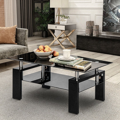 Tempered Glass Coffee Table W/ Storage Shelf Modern Living Room Furniture Black