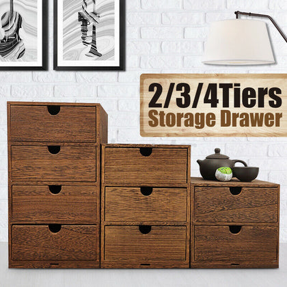 4Tiers Wooden Chest Drawers Rustic Storage Organizer Desktop Trinket Box Cabinet
