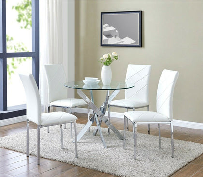 Glass Round Dining Table Set And 4 White Chairs Faux Leather Modern Chrome Legs