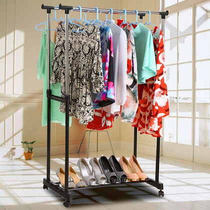 Metal Clothes Double Rail Rolling Heavy Duty Garment Hanging Rack Shelf Display