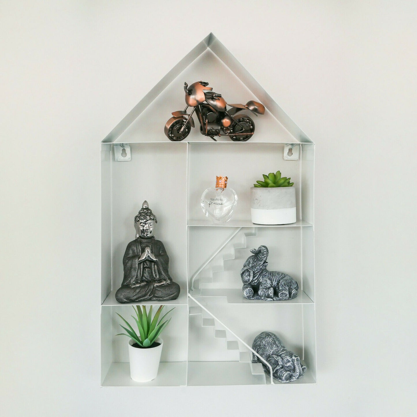 Large White Metal House Shaped Floating Wall Shelf Storage Display Unit Unique