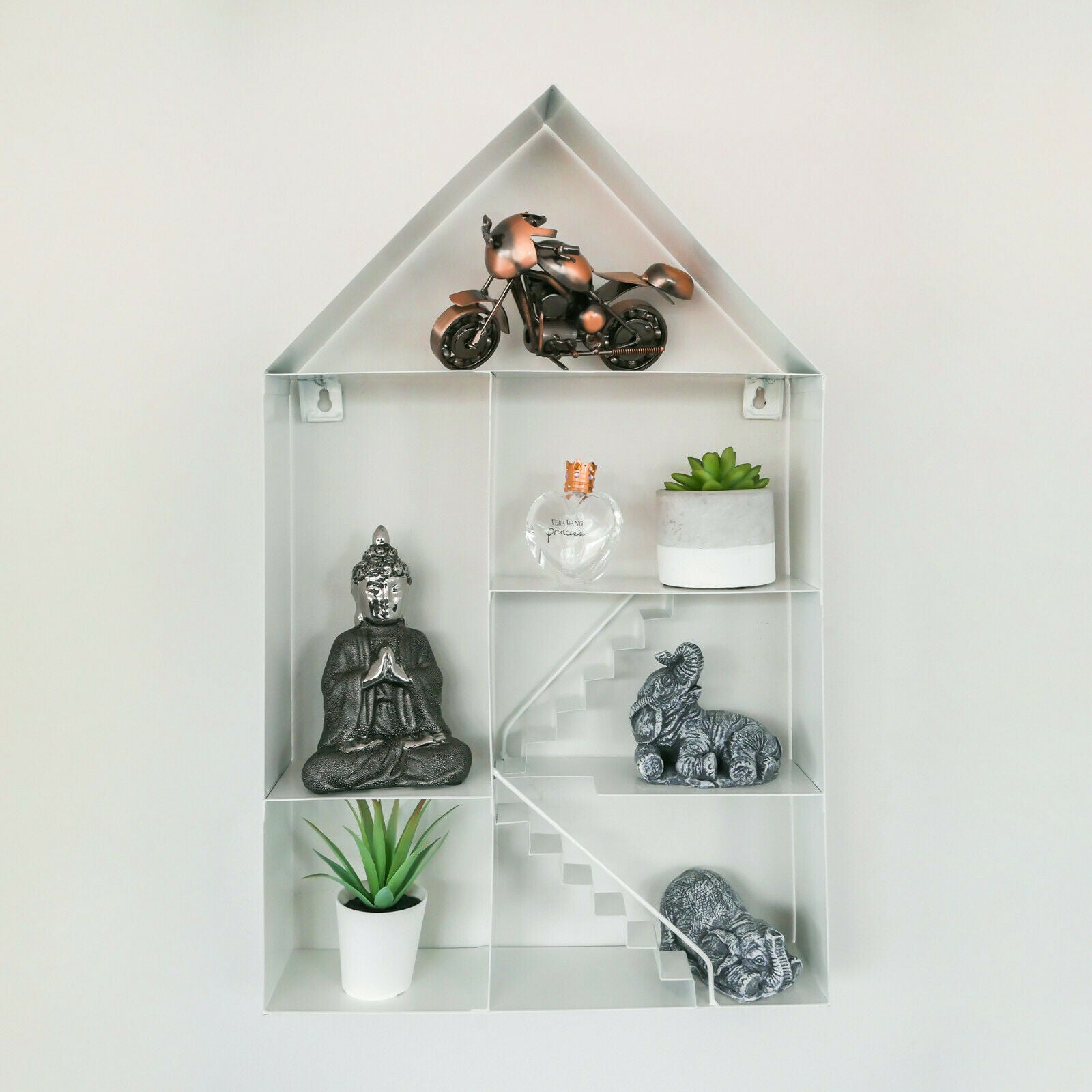 Large White Metal House Shaped Floating Wall Shelf Storage Display Unit Unique