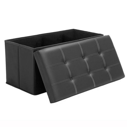 LARGE FAUX LEATHER FOLDING OTTOMAN POUFFE FOOT STOOL STORAGE BOX BLACK DOUBLE