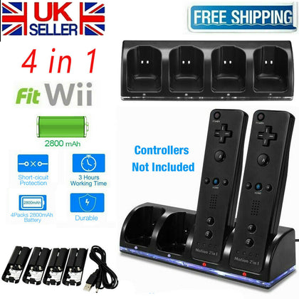 4x Rechargeable Battery Pack + Controller Charger Dock Station for Nintendo Wii