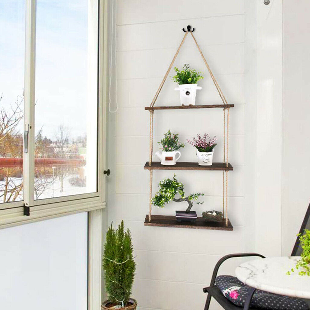 Nostalgic 3 Tier Shelf Wall Hanging Shelves Natural Rope Wooden Floating Shelves