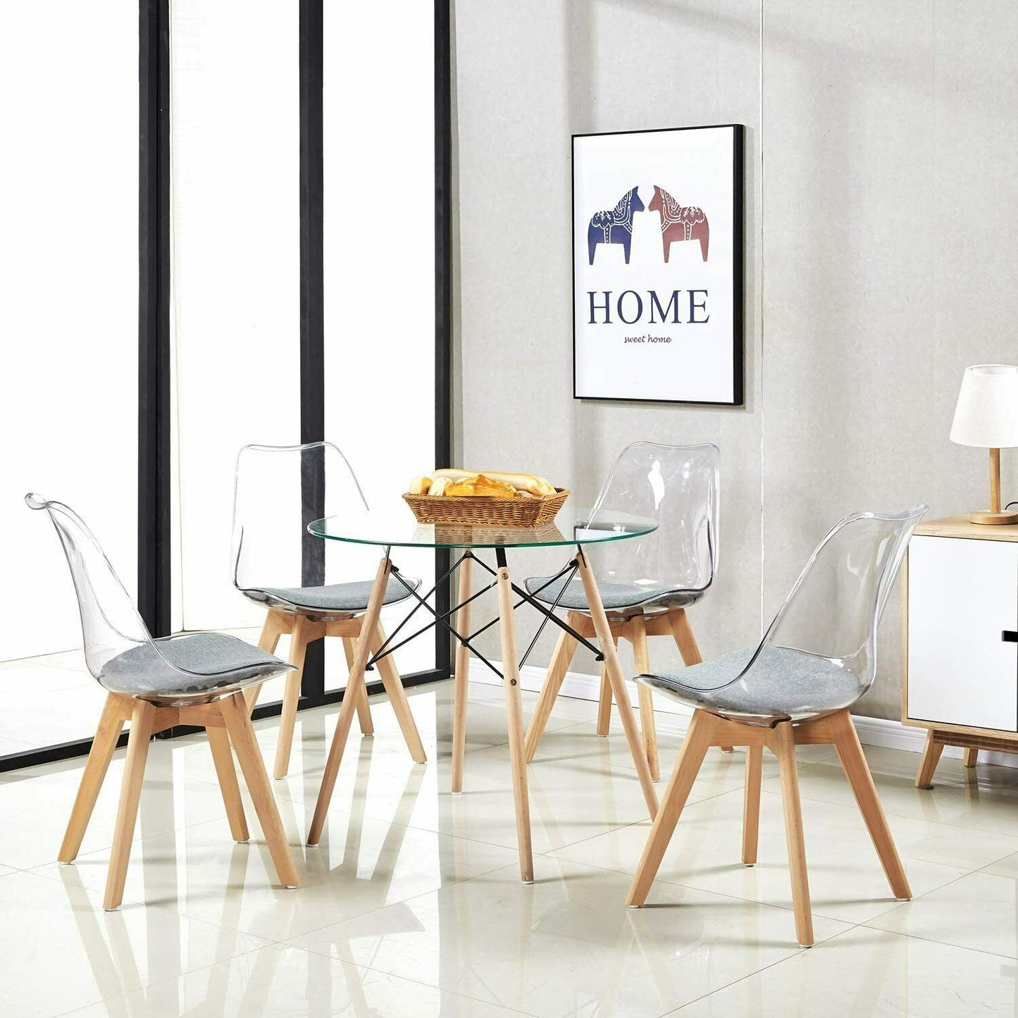 Round Dining Table, Scandinavian Glass Top Kitchen Table with Solid Beech Legs
