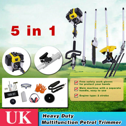 5 in 1 52cc Petrol Hedge Trimmer Chainsaw Brush Cutter Pole Saw Outdoor Tools UK