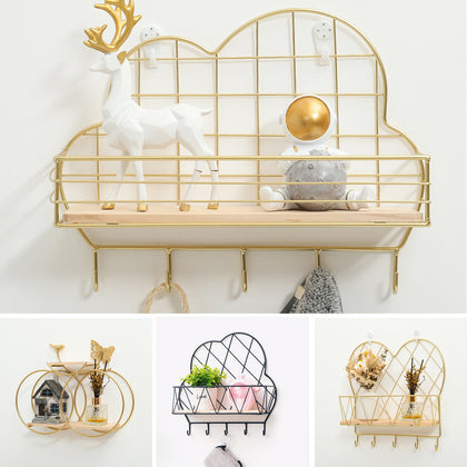 Metal Wire Shelf With Hooks Wall Mounted Hallway Storage Rack Clothes Hanger
