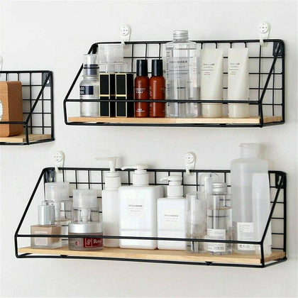 2Pack Vintage Industrial Wall Shelf Metal Wire Wood Rack Storage Display Unit UK