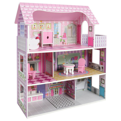 Wooden Doll House Kids Role Play Toy 3 Storey Dollhouse w/ Furniture Accessories