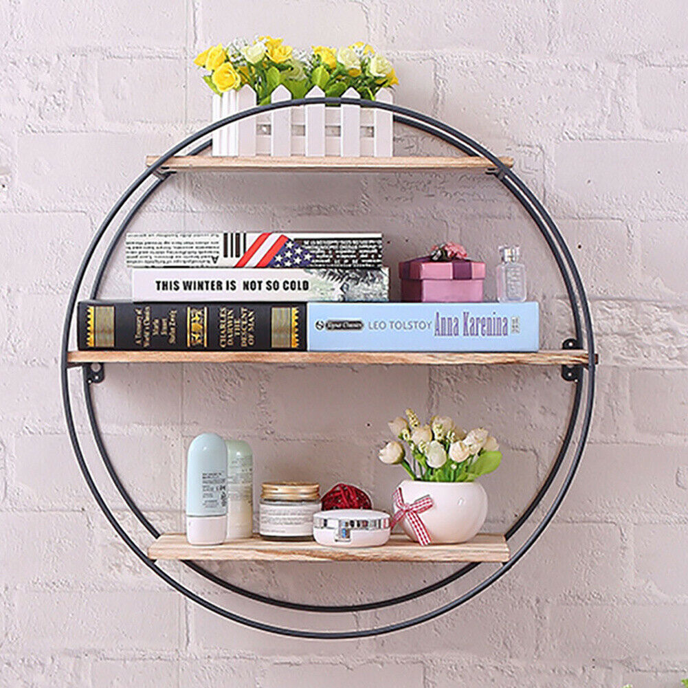 Wall Unit Metal Wood Floating Shelves Storage Hanging Rack Display Home Decorate