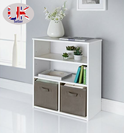 2 Cube & 2 Shelving Unit With Grey Canvas Baskets Display Cabinet Wood Furniture