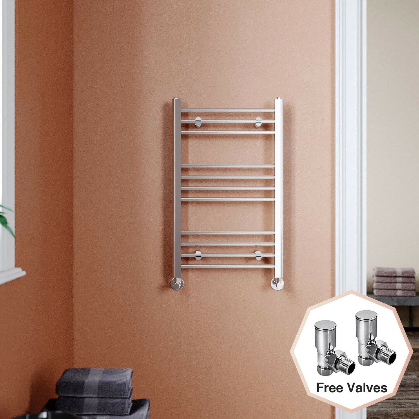 Chrome Towel Rail Radiator Rads Bathroom Heated Straight Ladder Warmer w/ Valves