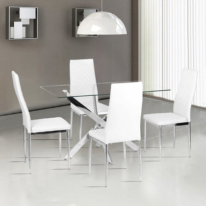 Glass Dining Table with 4 Faux Leather Chairs High Back Padded Seat Kitchen Cafe