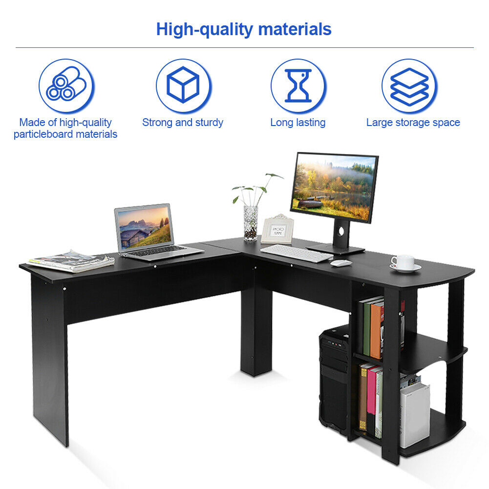 Corner L-Shaped Computer Desk Black PC Table Workstation Home Office w ...