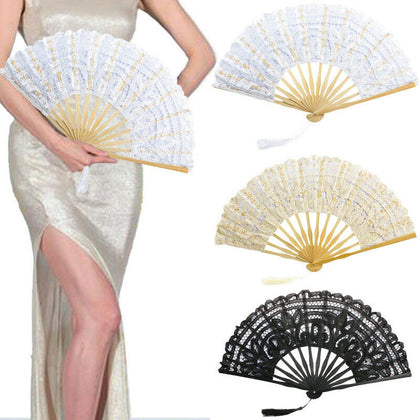 White LACE FAN Folding Hand Held Dance Party Wedding Event Flower Fancy Dress UK