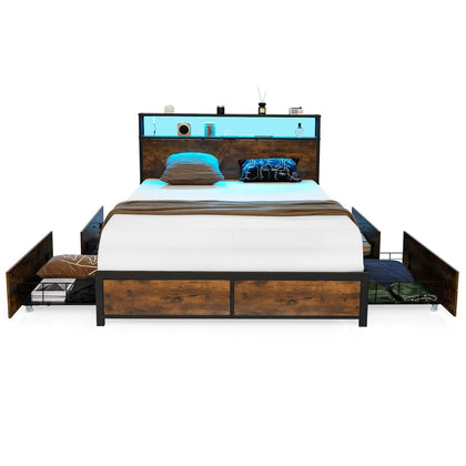 King Size Bed Frame Metal Bed Platform LED Lights Headboard & 4 Storage Drawers