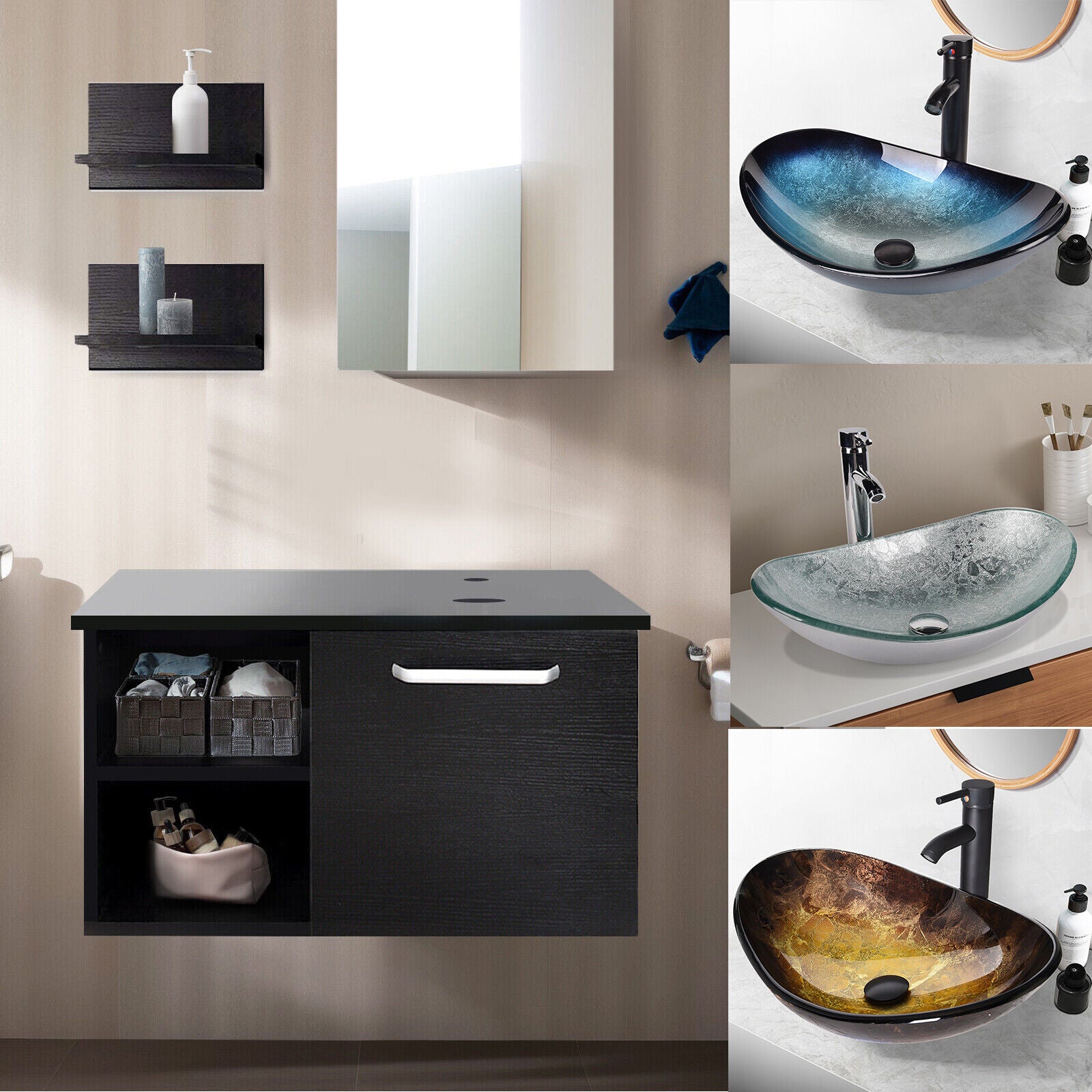 Bathroom Countertop Basin Sink Tempered Glass Wash Bowl Set w/ Tap Pop ...