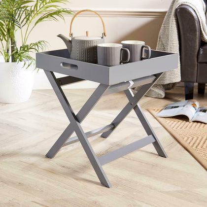 Grey Folding Butlers Side Table Portable Wooden Food Serving Tray Drink Dinner