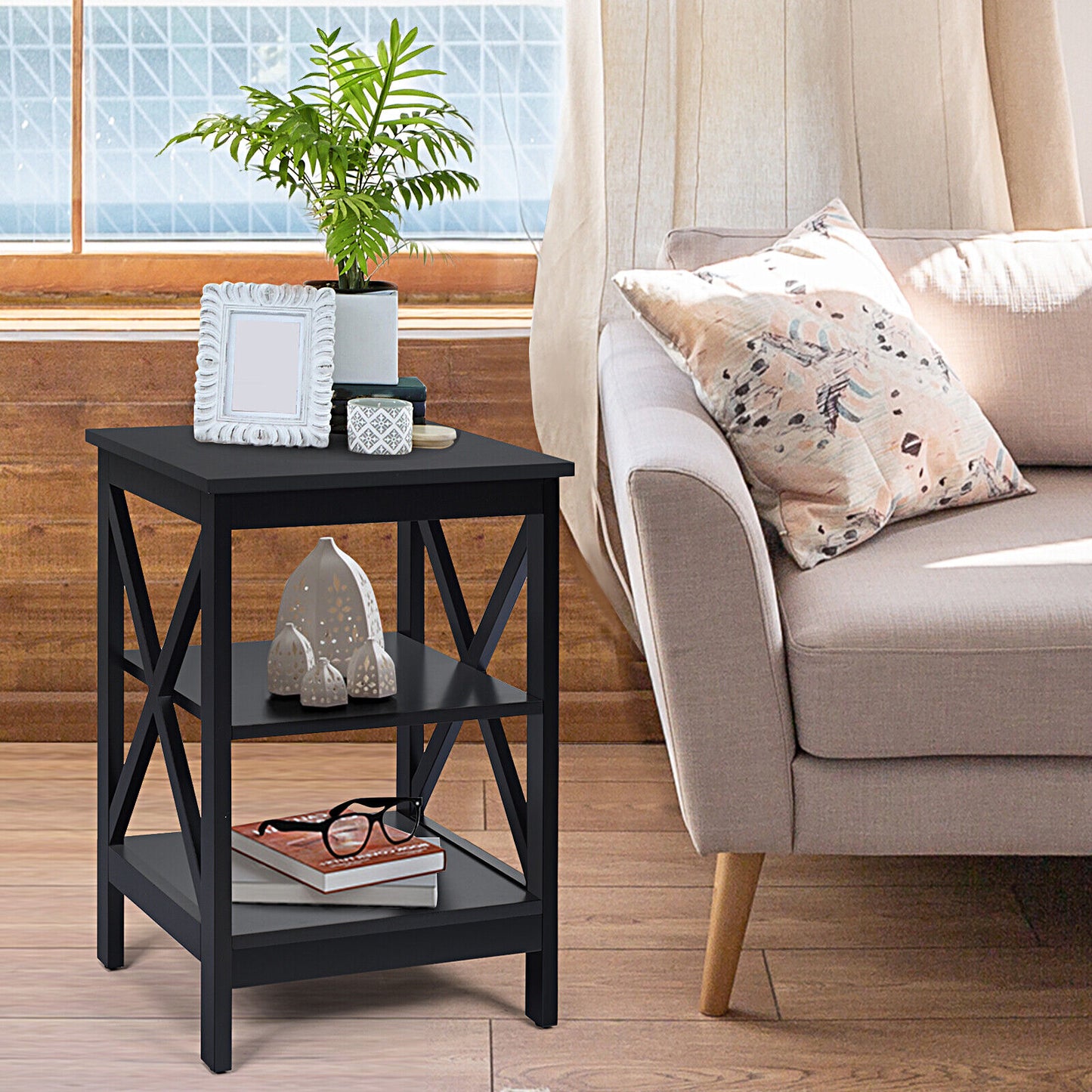 3-tiers Bedside Table X-design Nightstand End Table Wooden Bedroom Storage Table