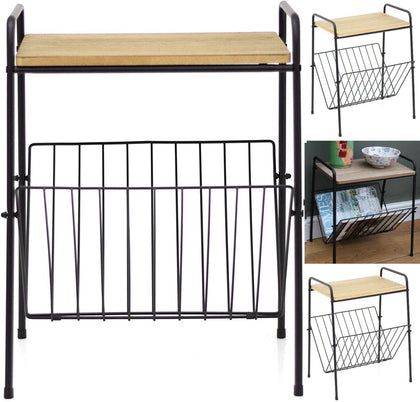 Retro Magazine Rack Side Table Metal Wire Wooden Top Effect Storage Home Decor