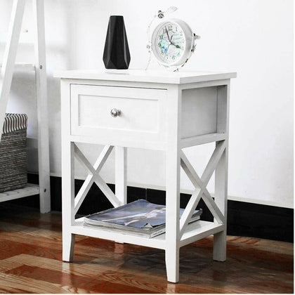 White Bedside Table Cabinet Nightstand Side Drawer & Shelf Storage Bedroom