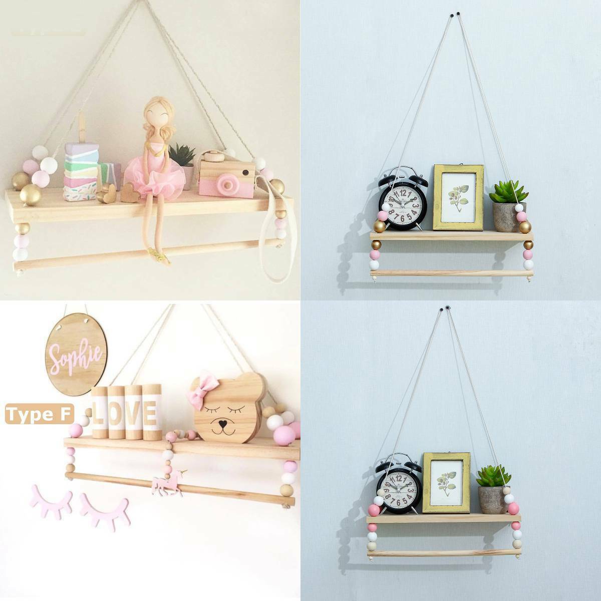 Wall Hanging Wood Rope Swing Shelf Shelves Storage Shelve Room Decor UK MA